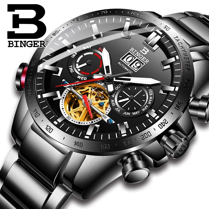 Настоящие роскошные швейцарские Бингер Брендовые мужские автоматические механические светящиеся водонепроницаемые крутые полностью стальные мужские модные часы