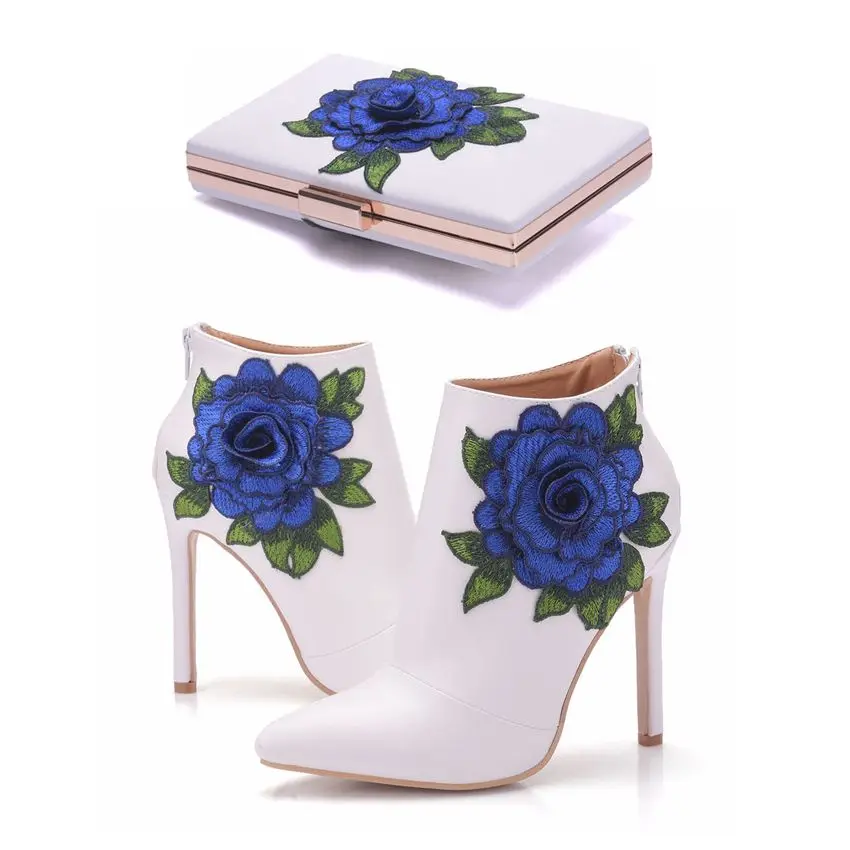 Crystal Queen Blue Lace Wedding Shoes Sexy Women Boots Flower Thin High-Heel Ankle Boots With Matching Bags With Purse Shoes
