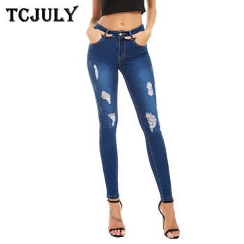 

TCJULY Hot Sale Bleached Washed Casual Ripped Jeans Skinny Push Up Stretch Denim Pencil Pants Streetwear Slim Blue Women's Jeans