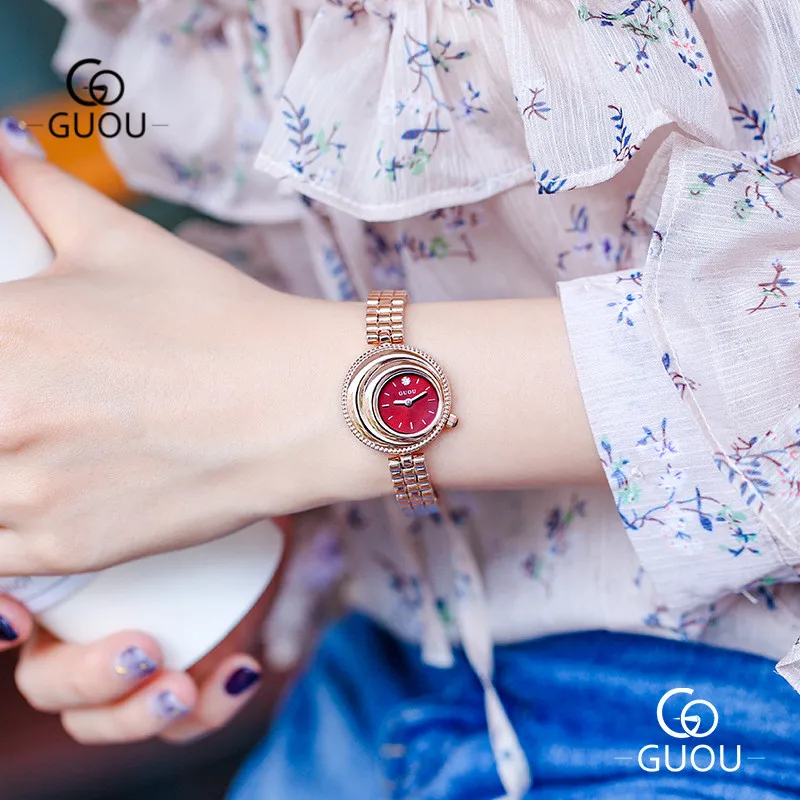 

GUOU Luxury Bracelet Watch For Women Rhinestone 25MM Small Dial Face Rose Gold Steel Strap Band Ladies Quartz Wristwatch 8207G