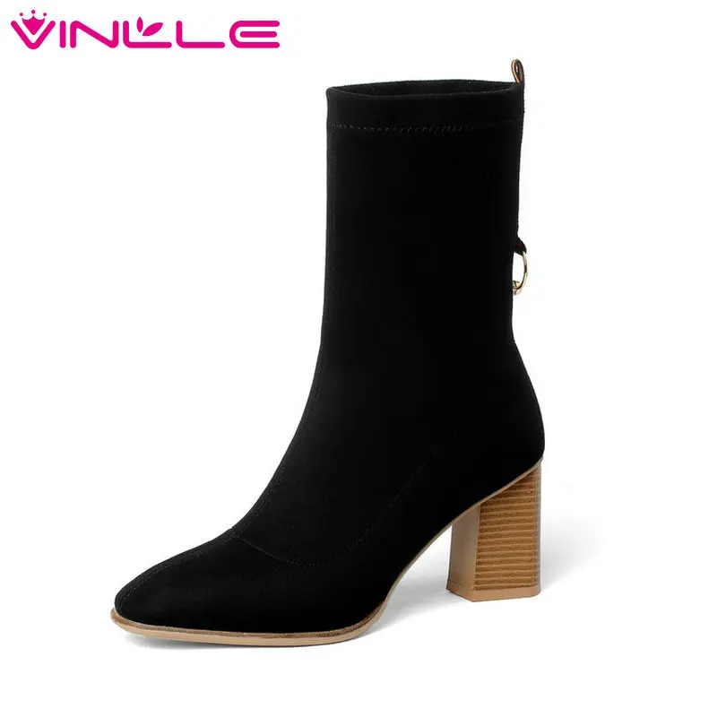 

VINLLE 2019 Shoes Woman Mid Calf Boots Slip On Pointed Toe Sheepskin+PU Square High Heel Ladies Motorcycle Boots Size 34-39