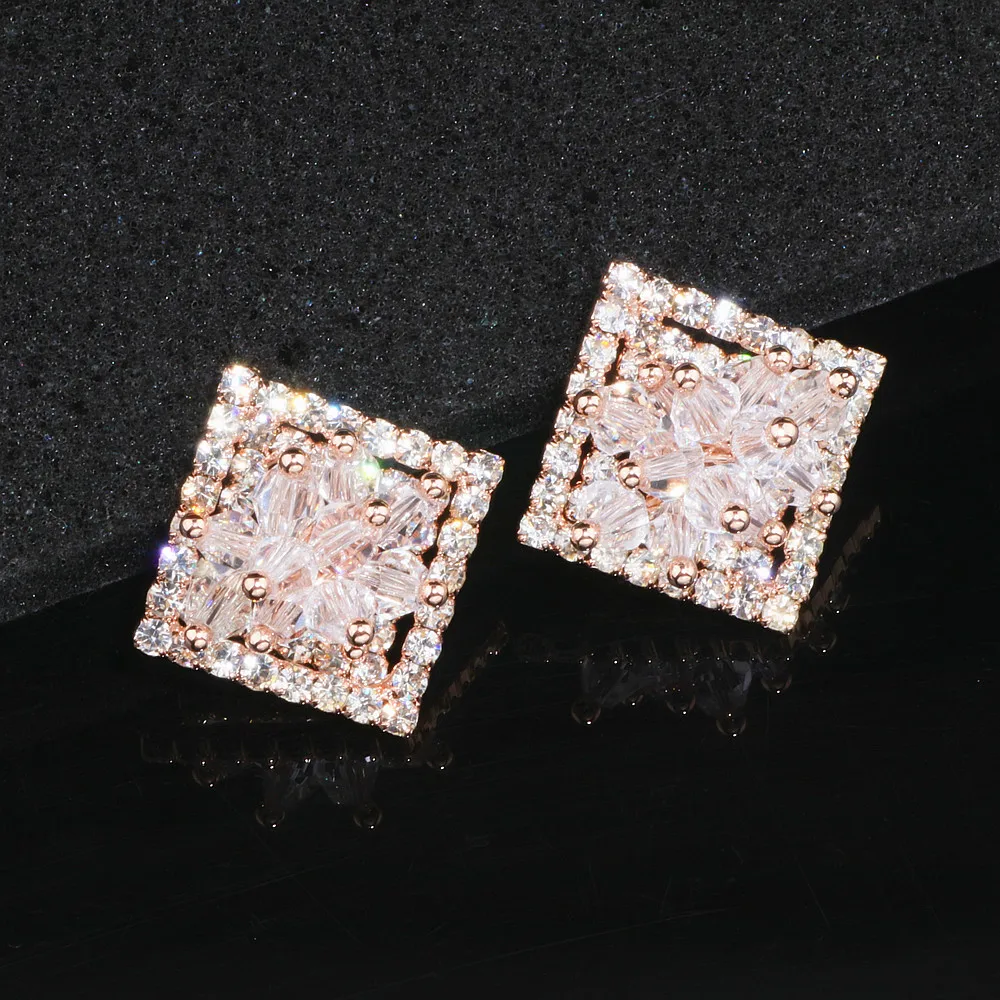 Elegant Hollow Shiny Full Crystal Square Stud Earrings for Women Charm Rose Gold Color Flower Earrings Brinco Gift