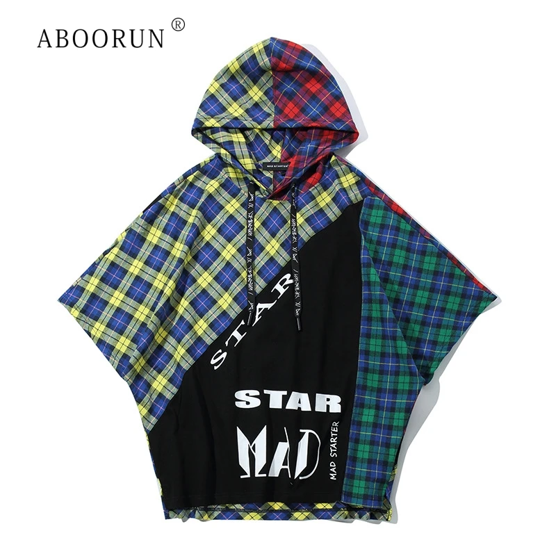 

ABOORUN Men’s Hip Hop T-shirt Letters Printed Patchwork Hooded Tees Summer Fashion Top T Shirts for Male R146