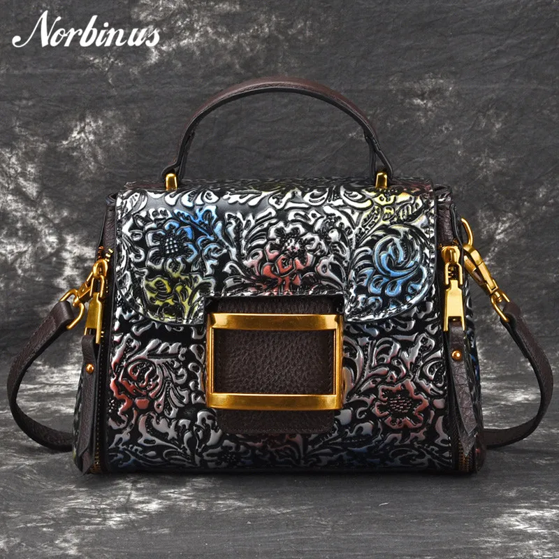 

Norbinus Luxury Genuine Leather Women Bag Vintage Cowhide Messenger Shoulder Handbags Embossed Top Handle Bags Crossbody Totes
