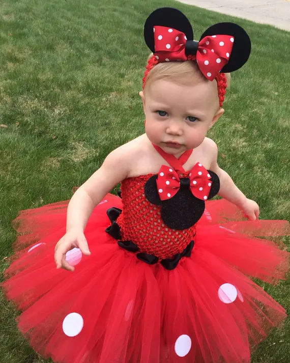 Vestido com Pontos Brancos e Hairbow Festa dos Desenhos Bonito Meninas Rosa Mickey Tutu Vestido Bebê Crochê Tule Crianças Aniversário Animados Cosplay Mod. 254994 8 High Quality Mamãe e Bebê