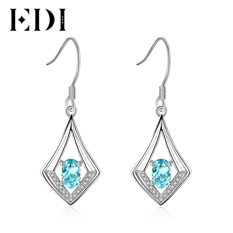 

EDI Woman Unique Natural Blue Topaz Stone 925 Sterling Silver Drop Geometric Dangle Earring For Women Wedding Bride Earrings