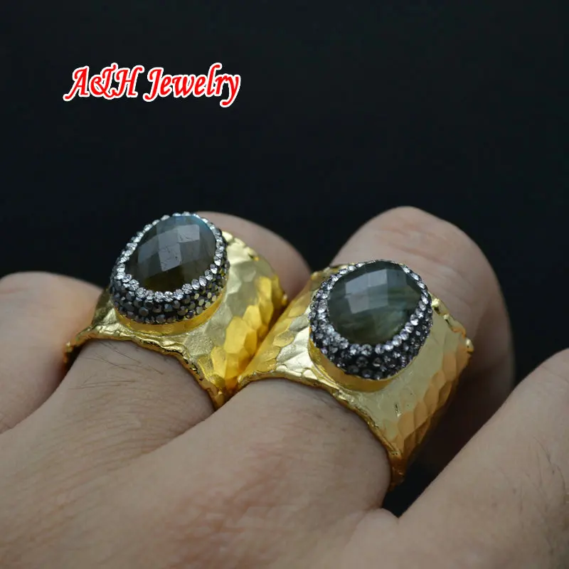 5pcs Natural Labradorite Rhinestone Paved Adjustable Wide Rings Gold Color Plated Men and Women Jewelry Birthday Gift 5pcs Natural Labradorite Rhinestone Paved Adjustable Wide Rings Gold Color Plated Men and Women Jewelry Birthday Gift