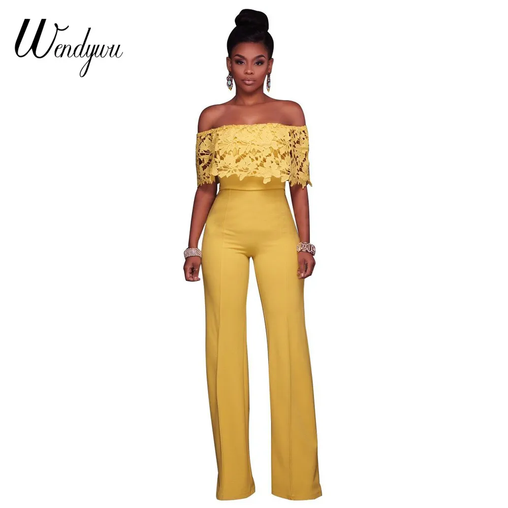 

Wendywu New Design Sexy Off Shoulder Ruffled Floral Hollow Out Yellow Wide Leg Long Jumpsuit
