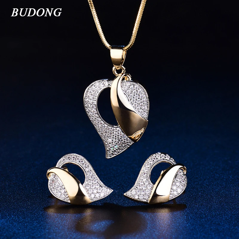 BUDONG Ensemble Bijoux Ювелирные наборы золотого цвета с кубическим цирконием Ожерелье Комплект сережек для женщин Свадебные вечерние комплекты с сердцем XUT049