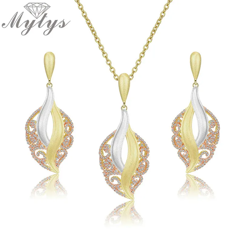 

Mytys Three Tone Gold Jewelry Sets Silver Yellow Rose Women Fashion Mix Gold Vintage Leaf Drop Earrings Pendant Necklace Sets