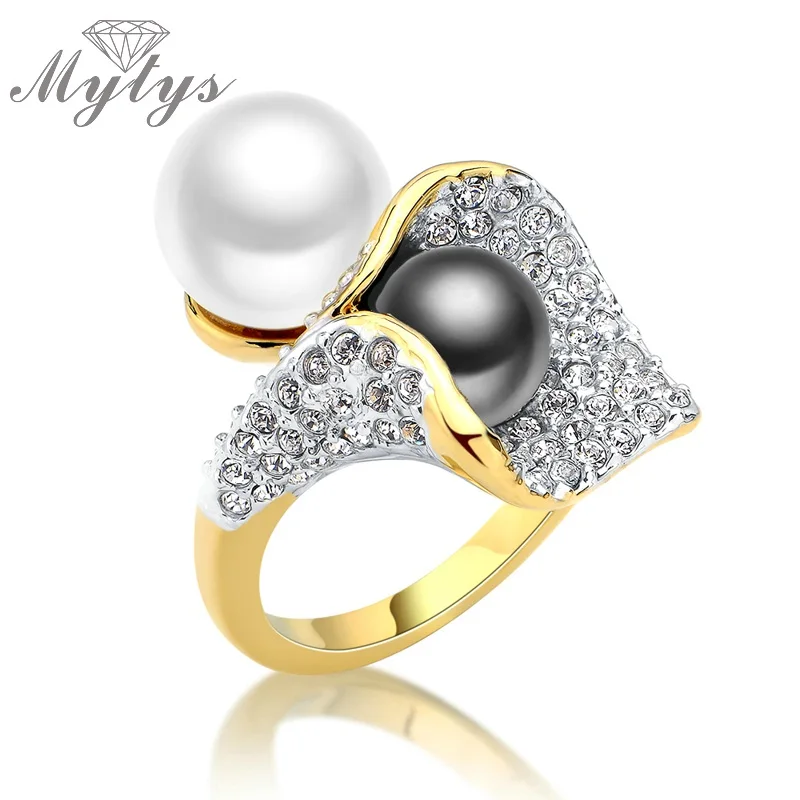 Mytys жемчужное кольцо для Для женщин проложить Установка кристалла Кольца черный, белый цвет 2 жемчуг Дизайн моде коктейльное кольцо подарочная коробка r1041 - Цвет основного камня: Gold