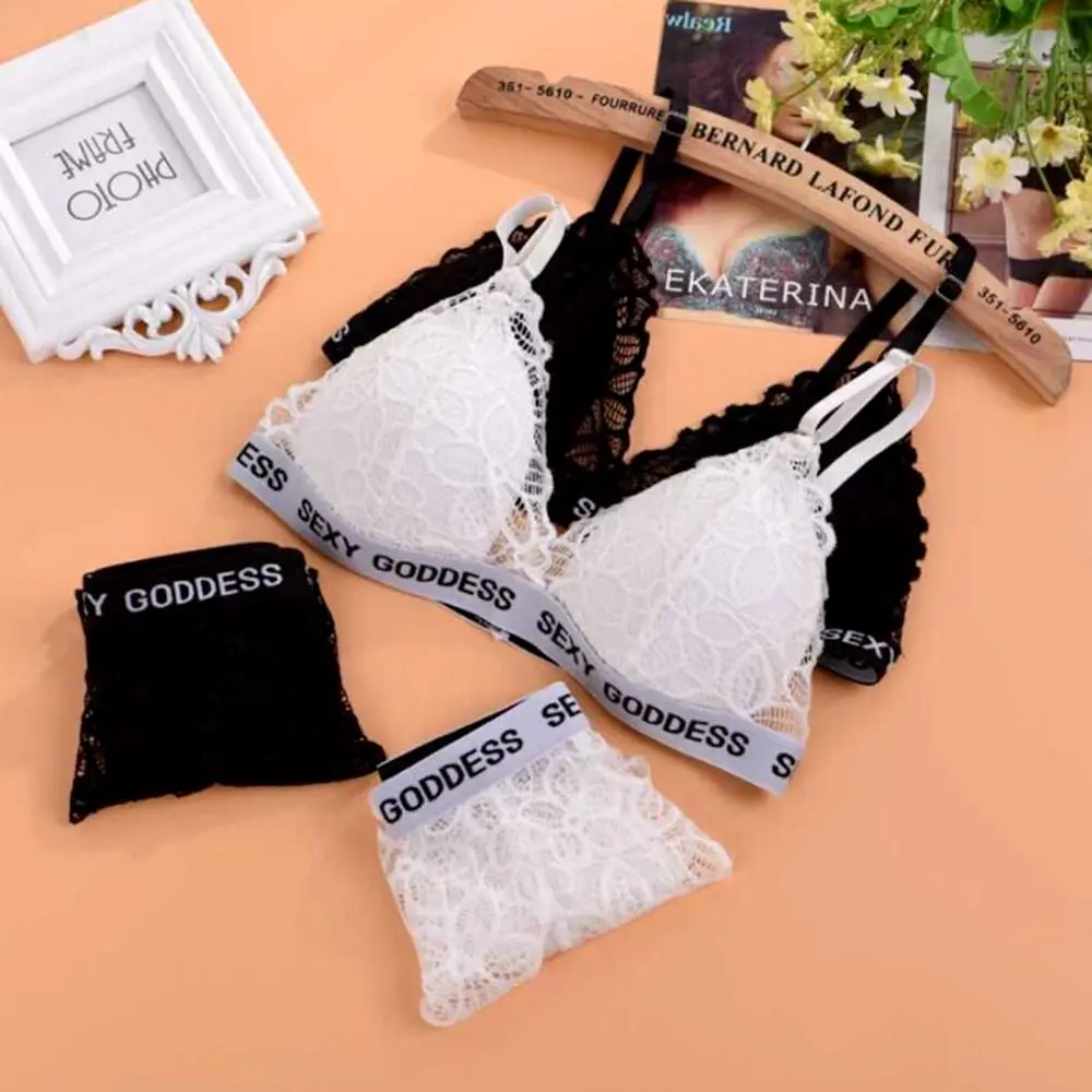 

New Style Personality Back Letter Wild Straps Lace Sexy Deep V Vest with Chest Pad Top + Lace Panties Black White