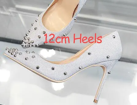 Veowalk/пикантные женские туфли на очень высоком каблуке с заклепками; модные женские туфли-лодочки из лакированной кожи с острым носком на шпильке; Цвет по индивидуальному заказу - Цвет: Silver Rivet 12cm