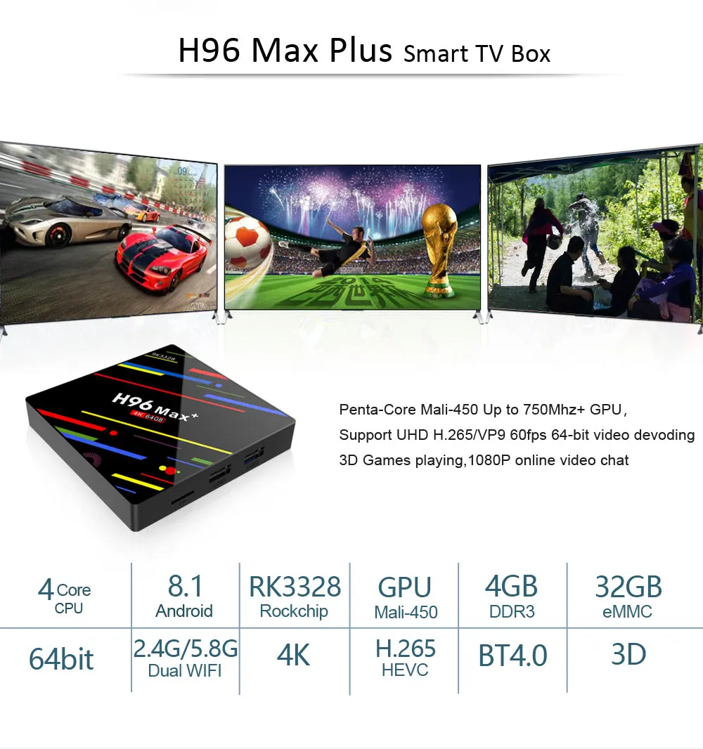 H96 Max плюс Android ТВ-бокс на Rockchip RK3328 4 ядра Android 8,1 DDR3 4 ГБ 32 ГБ встроенной 5,8G Wi-Fi H.265 4 K IP ТВ коробка