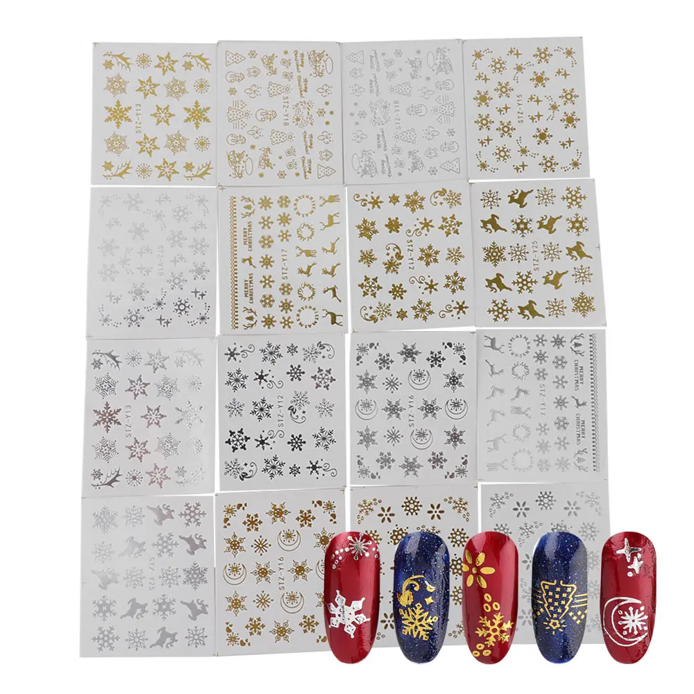 

16PCs Gold Silver Nail Sticker Water Snowflake Tree Deer Pattern for Nail Art Decoration Glitter DIY Decals Manicure Decals