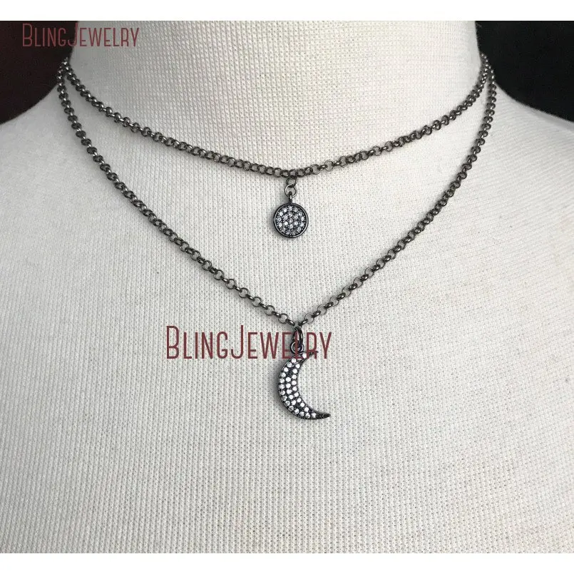 

Double Layer Choker with Gunmetal Pave Crystal Moon and Disc Charms on Gunmetal Chain NM18734