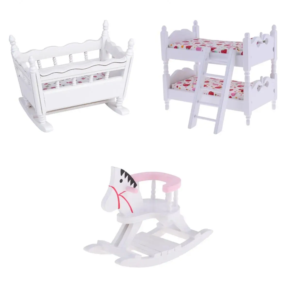 White 1/12 Scale Dollhouse Furniture Children Nursery Bedroom Bunk Bed Cradle Rocking Horse Set