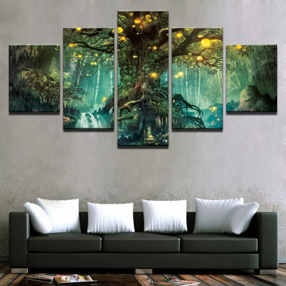 HD 5 Panel Canvas Oil Prints Painting Frame Pictures Enchanted Tree ...