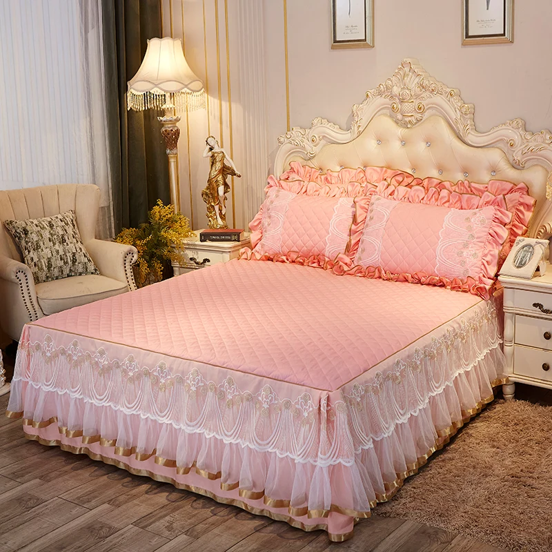 Розовый, серый, корейский стиль, цветы, кружева, гофрированные постельное белье, набор постельного белья королевского размера с наволочкой, стеганое покрывало, набор постельного белья