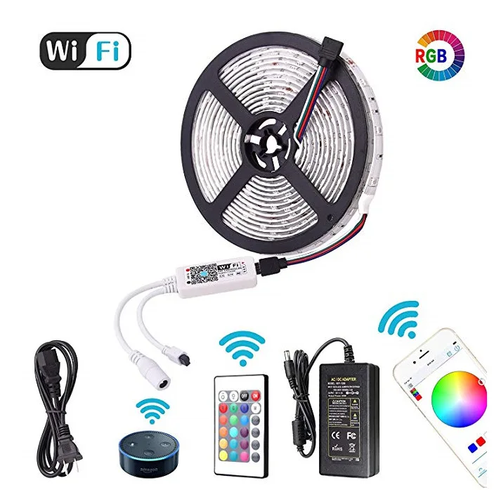 

DC12V 5050 LED Strip RGB 60LEDs/m 5M + Bluetooth Controller+5A power supply LED Strip connect to Amazon ALEXA, Google speaker