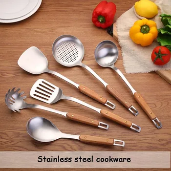 

Stainless Steel Colander Rice Scoop Steak Shovel Spatula Cookware Set Wood Handle Soup Cooking Tool Japanese Dinnerware Set 1set