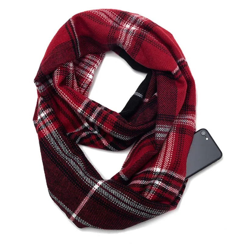 winter Infinity Scarf with Zipper Pocket Women Plaid Warm Cashmere Scarves Female Foulard ladies Shawls Pashmina - Цвет: 1