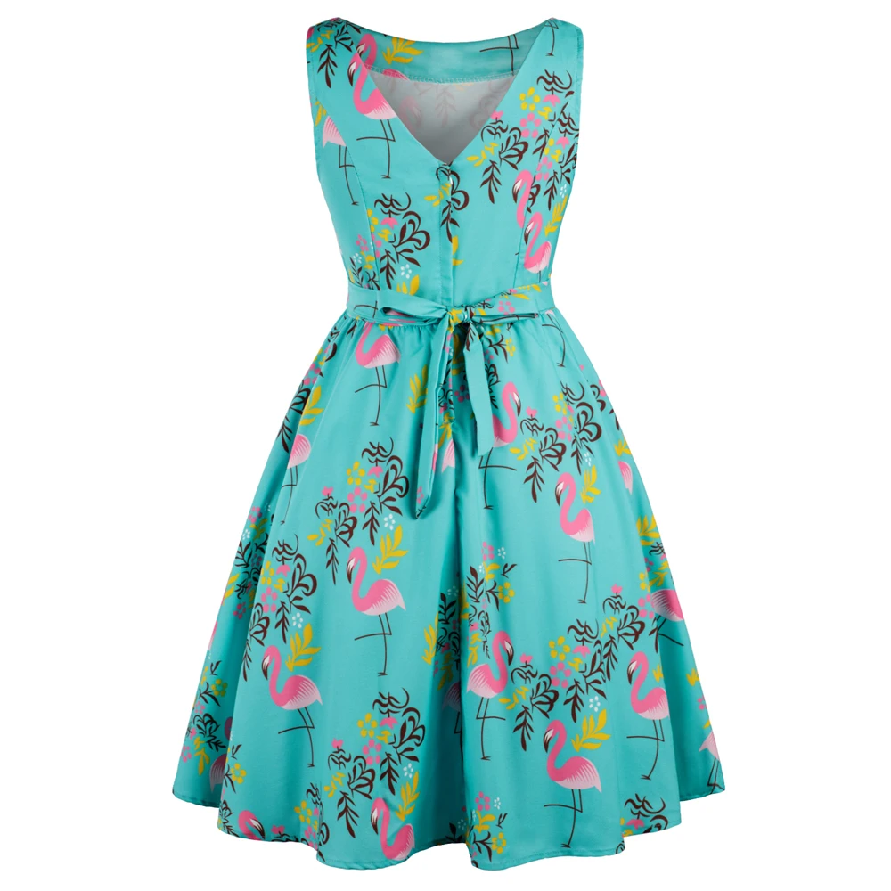 Joineles размера плюс женское летнее рокабилли Свинг винтажное платье модное Фламинго цветочный принт вечерние платья Ретро женское платье