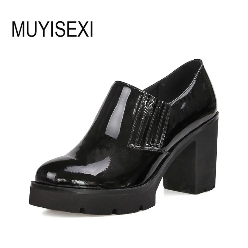 

Autumn Women Shoes High Heel Full Genuine Leather Thick High Platform Slip-On Women Pumps Black Russia Size LID030 MUYISEXI