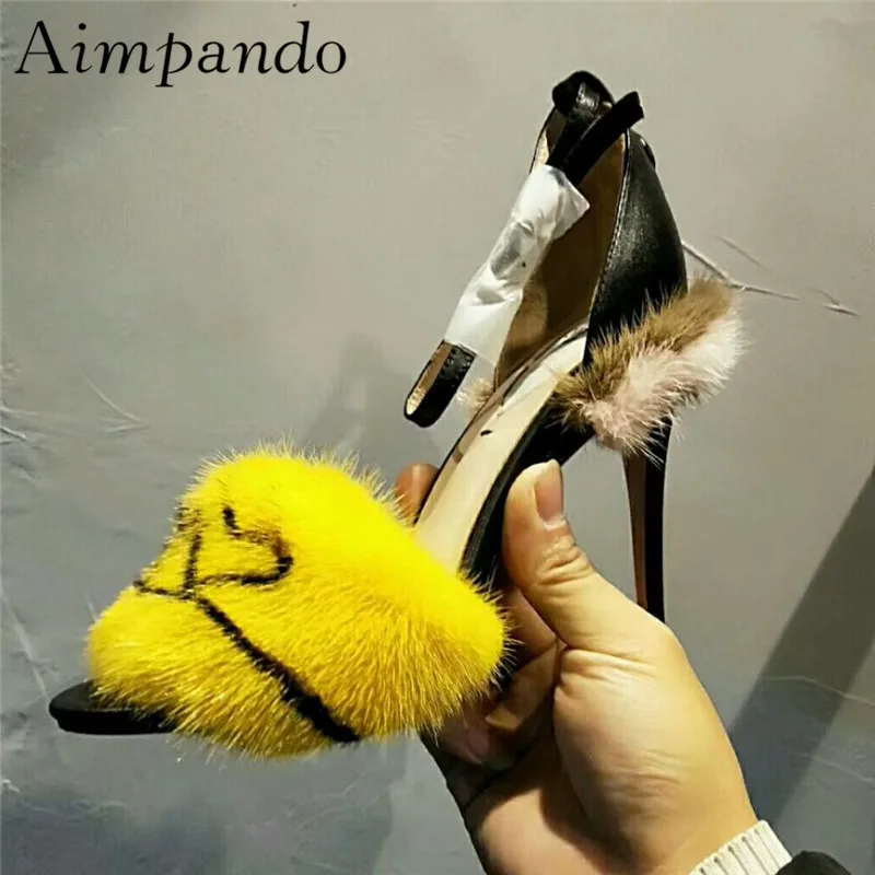 

Yellow Mink Hair Gladiator Sandals Women Stiletto Heel Open Toe Sweetheart Ankle Strap Real Fur Summer Party Shoes Woman