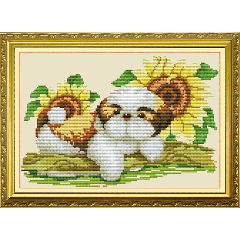 

Cartoon Dog Flower Cross Stitch Kit 11ct Count Printed Canvas Stitching Embroidery DIY Handmade Needlework Swing Art Home Decor