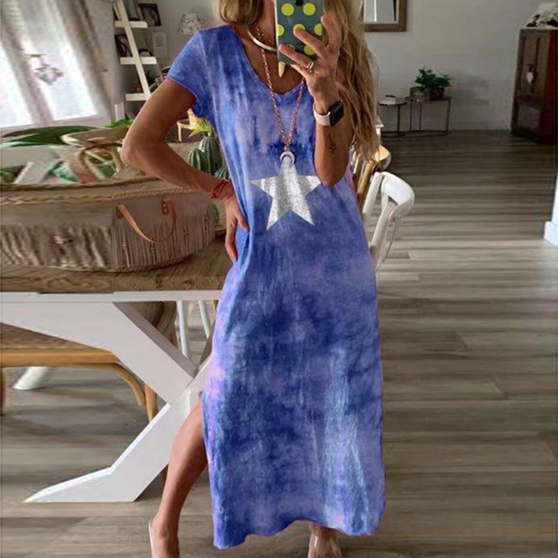 

New 2019 Women's Vintage Short Sleeve V-neck Maxi Dress Split Hem Baggy Kaftan Tie Dyeing Beach Long Dress