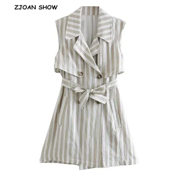 

Retro Tide bow Sashes Contrast color striped Vests 2019 Spring Woman Back Split Sleeveless Suit Casual Jacket Coat Outerwear