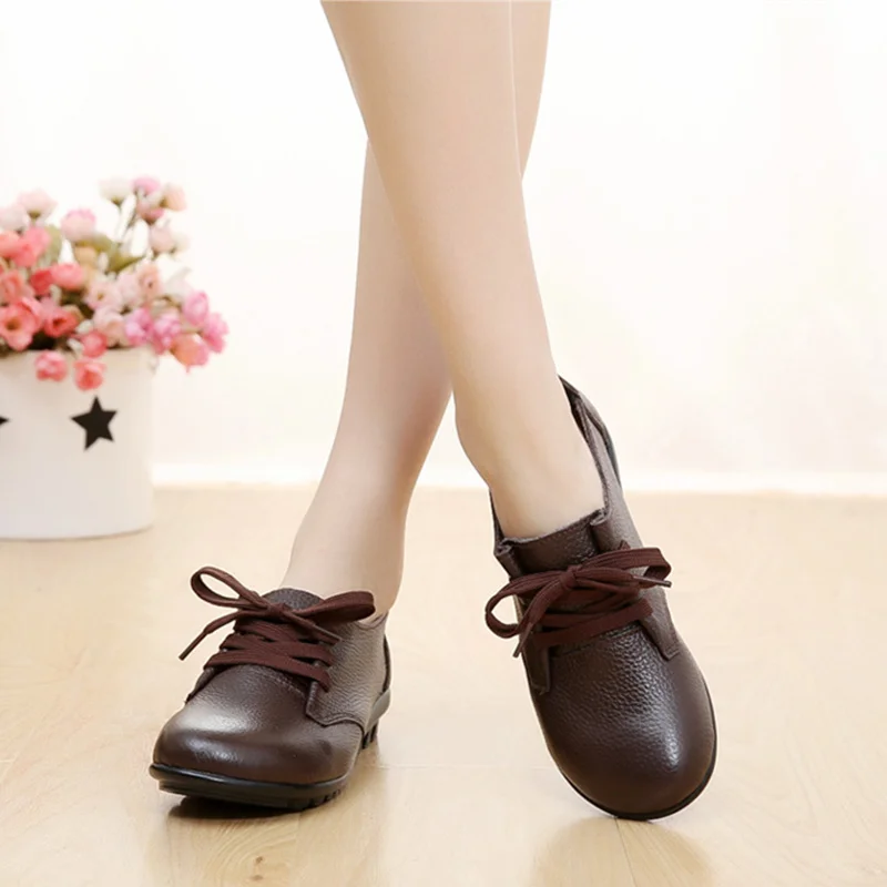 PEIPAH Women Flats Shoes Genuine Leather Spring Autumn Lace Up Round Toe Casual Flat Shoes Women