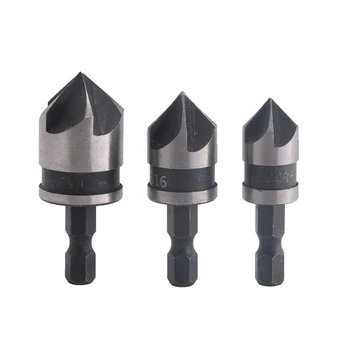 

3pc Woodworking Hex Shank 5 Flute 90 Degree Chamfering Countersink Drill Bit Set