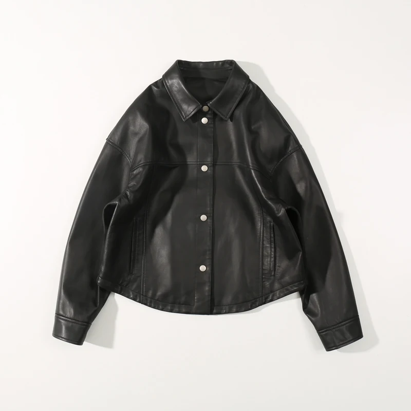 

Leather Clothing Short Paragraph 2019 Autumn Loose Black Sheepskin Jacke