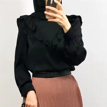

Muslim Women Long Sleeve Blouse Casual Ruffle Islamic Soild Color Tops Islamic High Neck Shirt Clothing Fashion Spring Autumn