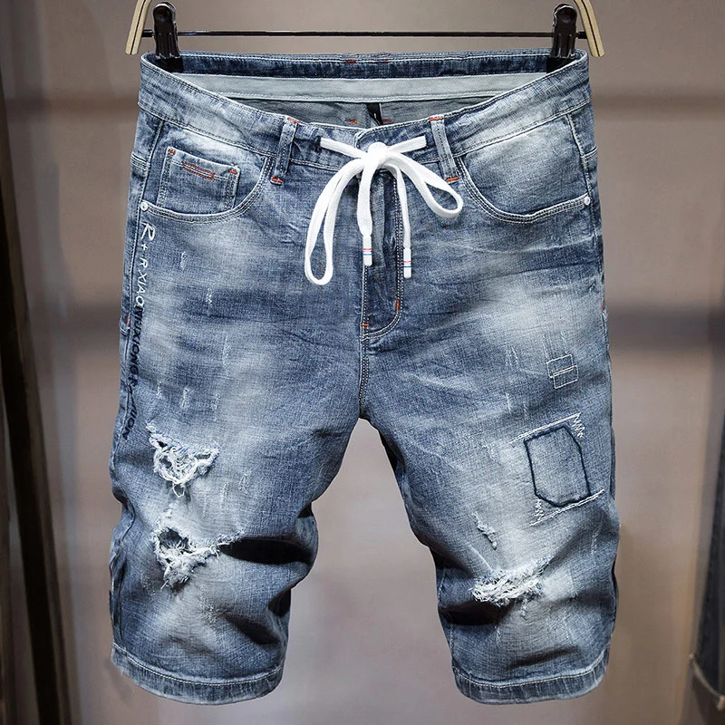 Men's Ripped Jeans Shorts Light Blue Washed Drawstring Waist High
