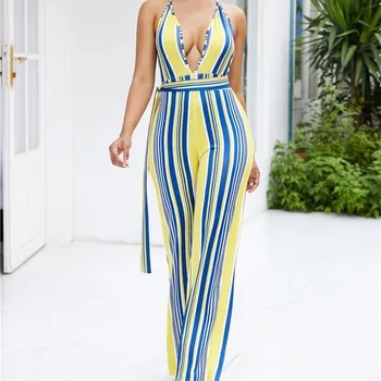 

2019 Women Sleeveless Sexy Rompers Female Deep V Neck Slim Jumpsuit Sexy Club Summer Striped Sashes Wide Leg Playsuit