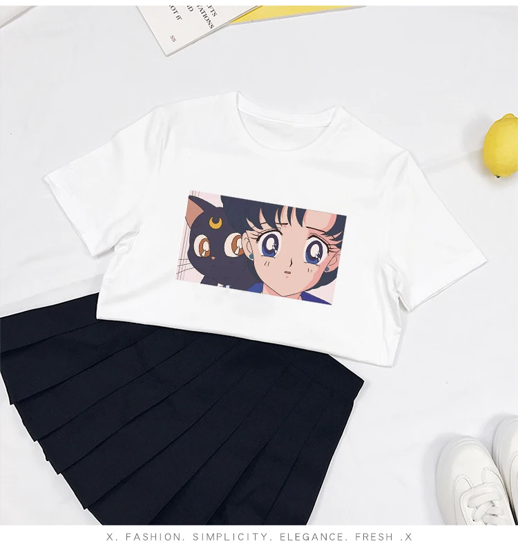 Милая футболка Сейлор Мун, летняя мода, Harajuku, большой размер, S-2XL, короткий рукав, принт с героями мультфильмов, буквы, топы, футболки