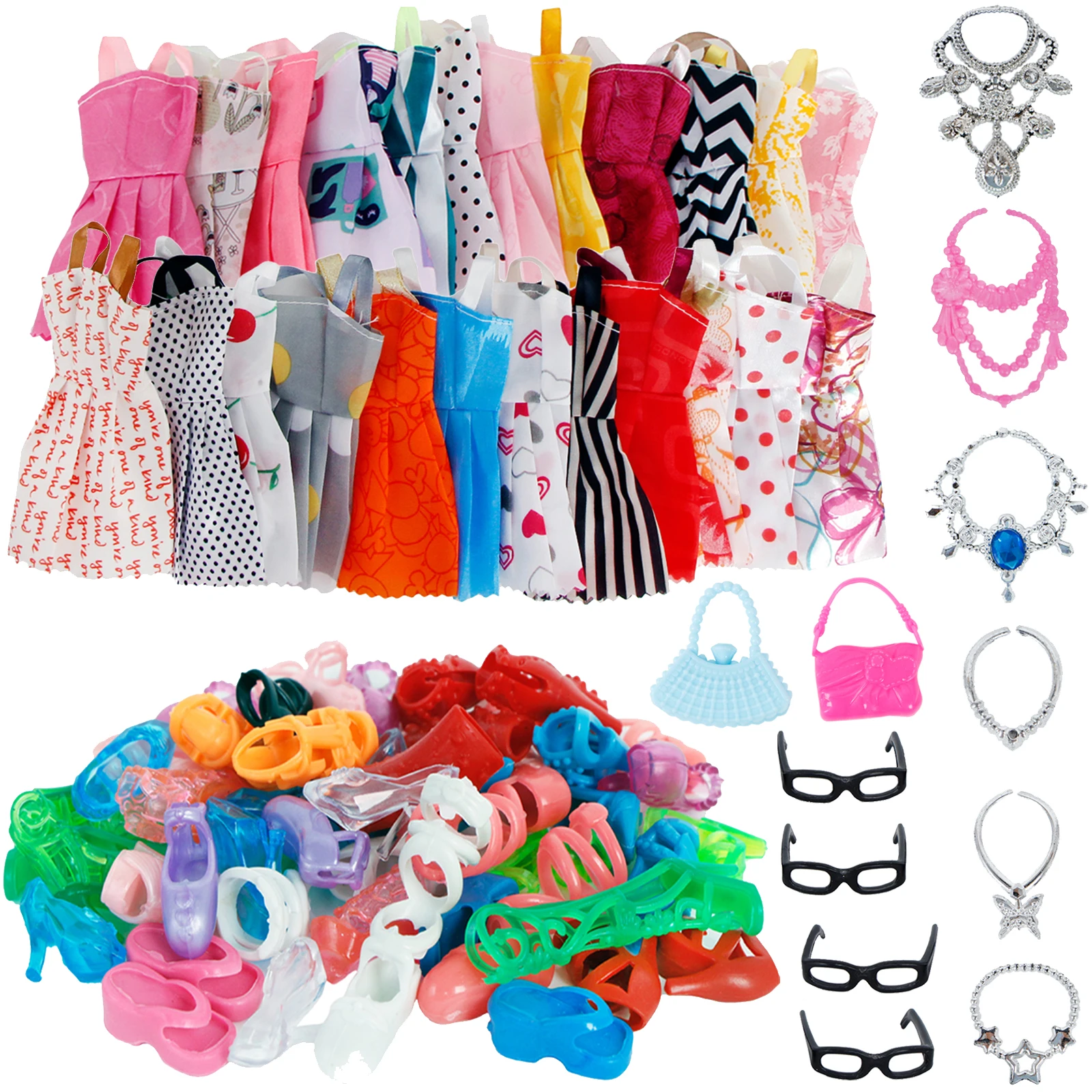 32 Item/Set Pop Accessoires = 10 Mix Fashion Leuke Jurk + 4 Glazen + 6 Kettingen + 2 handtas + 10 Schoenen Dress Kleding Voor Barbie Doll|Poppen Accessoires|   - AliExpress