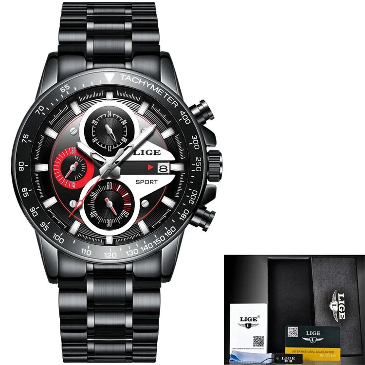 Reloj hombre LIGE Официальный магазин Топ бренд Мода Новые мужские водонепроницаемые часы наручные, кварцевые часы светящийся хронограф - Цвет: Black red steel