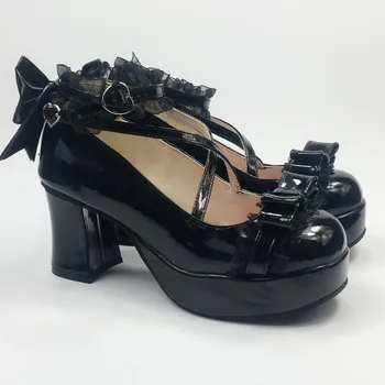 

7.5cm High Heels Girls' Bright Black Bow Buckle Strap Lolita Shoes Lace Princess Cosplay Lolita Heels Shoes