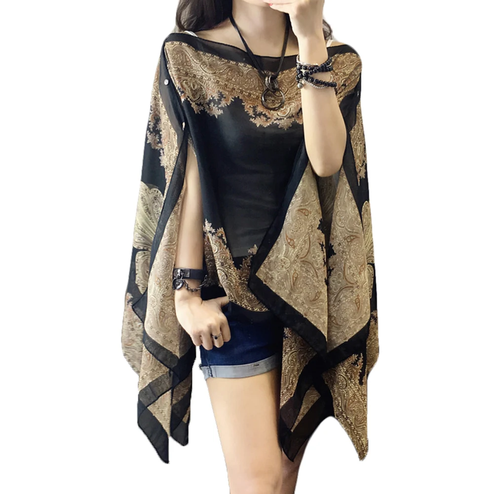 Летняя женская накидка Fabala размера плюс, Солнцезащитная блуза с длинным рукавом, 10 цветов, тонкая шифоновая Солнцезащитная шаль с цветком - Цвет: black