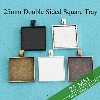 

25mm Double Sided Pendant Tray, Shiny Silver Two Sided Pendant Blank, 25mm Square Bezel Tray Setting