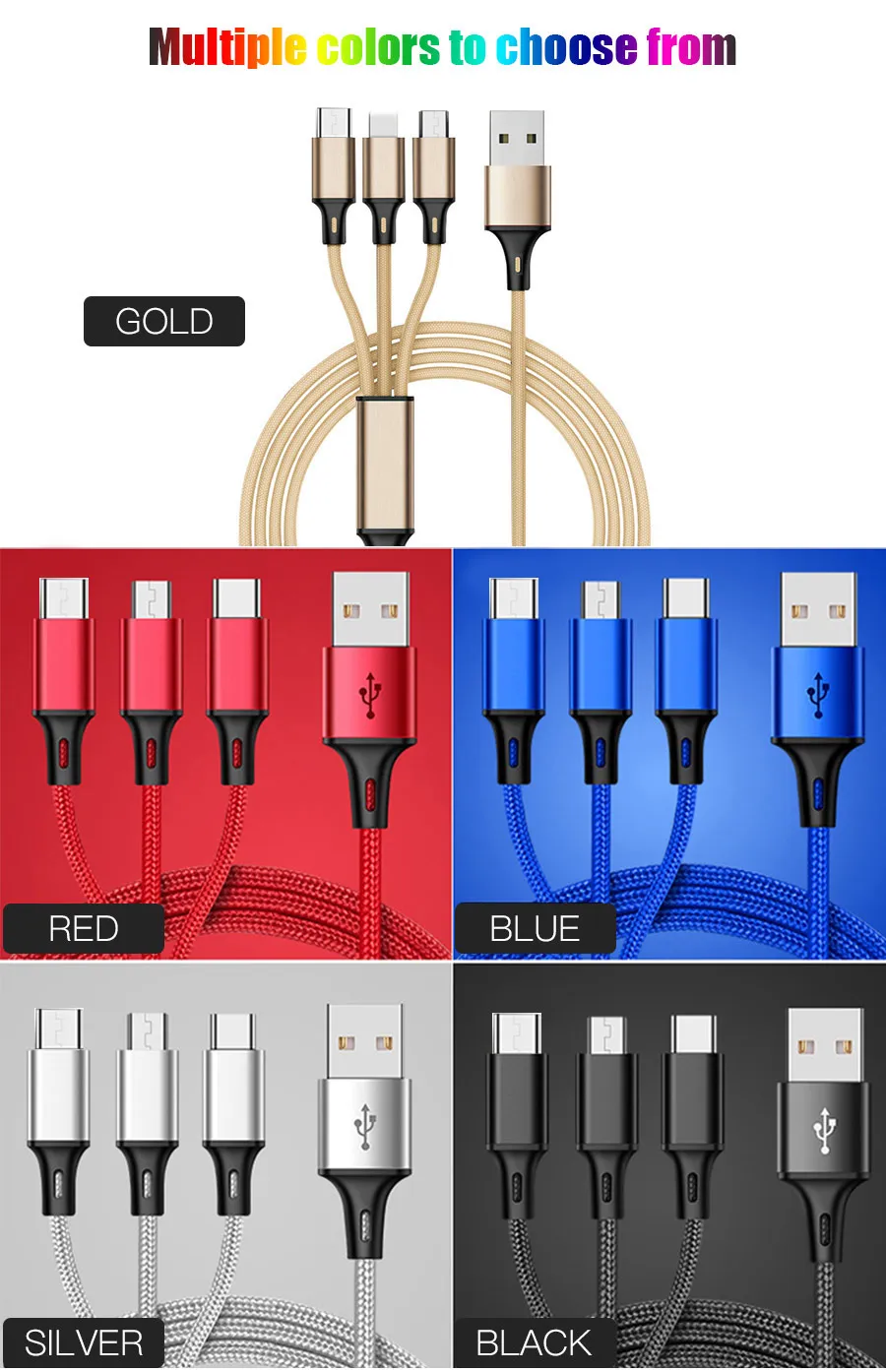 3 в 1 Micro USB кабель для samsung S9 S8 huawei Быстрая зарядка USB кабель для iPhone 7 X Тип C Android мобильного провод для зарядного устройства