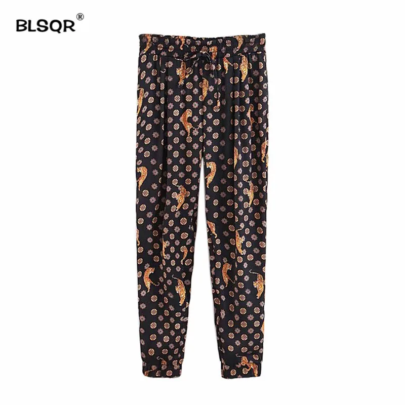 Women Pleated Animal Print Pencil Pants Elastic Waist