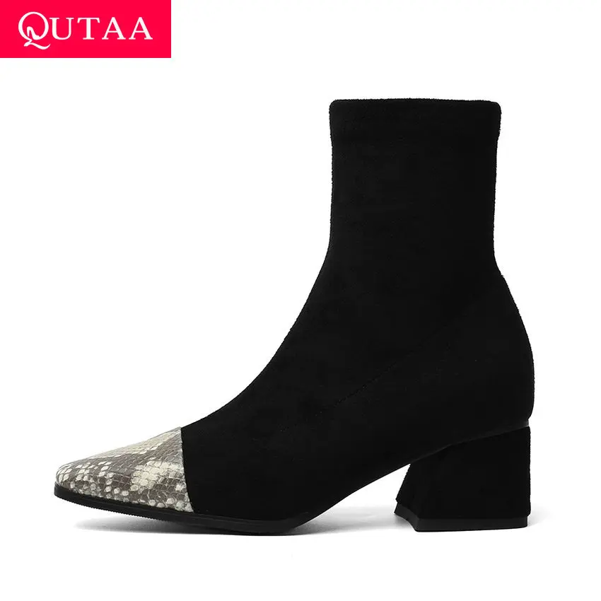 Женские эластичные ботинки QUTAA зимние короткие из коровьей кожи на квадратном
