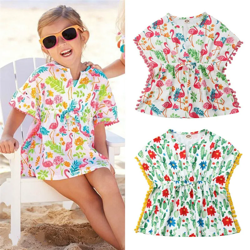 

2019 New Casual Kids Baby Girls Dress Holiday Beach Sundress Flower Flamingo Print Dresses Batwing Sleeve Boho Bikini Covers