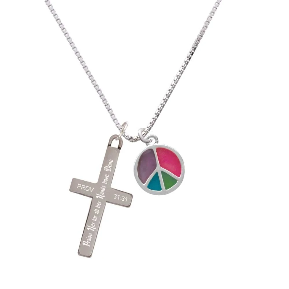 Multicolored Peace Sign - Praise Her - Cross Necklace