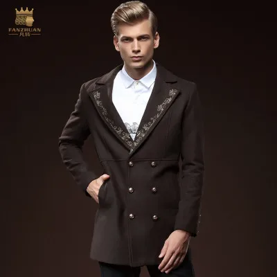 Новая модная мужская осенне-зимняя мужская куртка с длинными рукавами и вышивкой, длинное тонкое шерстяное пальто fanzhuan, 0090 - Цвет: coffee